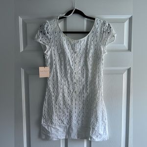 Short sleeve white eyelet shift dress